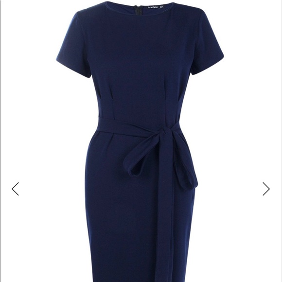 PLEAT FRONT BELTED TAILORED MIDI DRESS - Picture 2 of 10